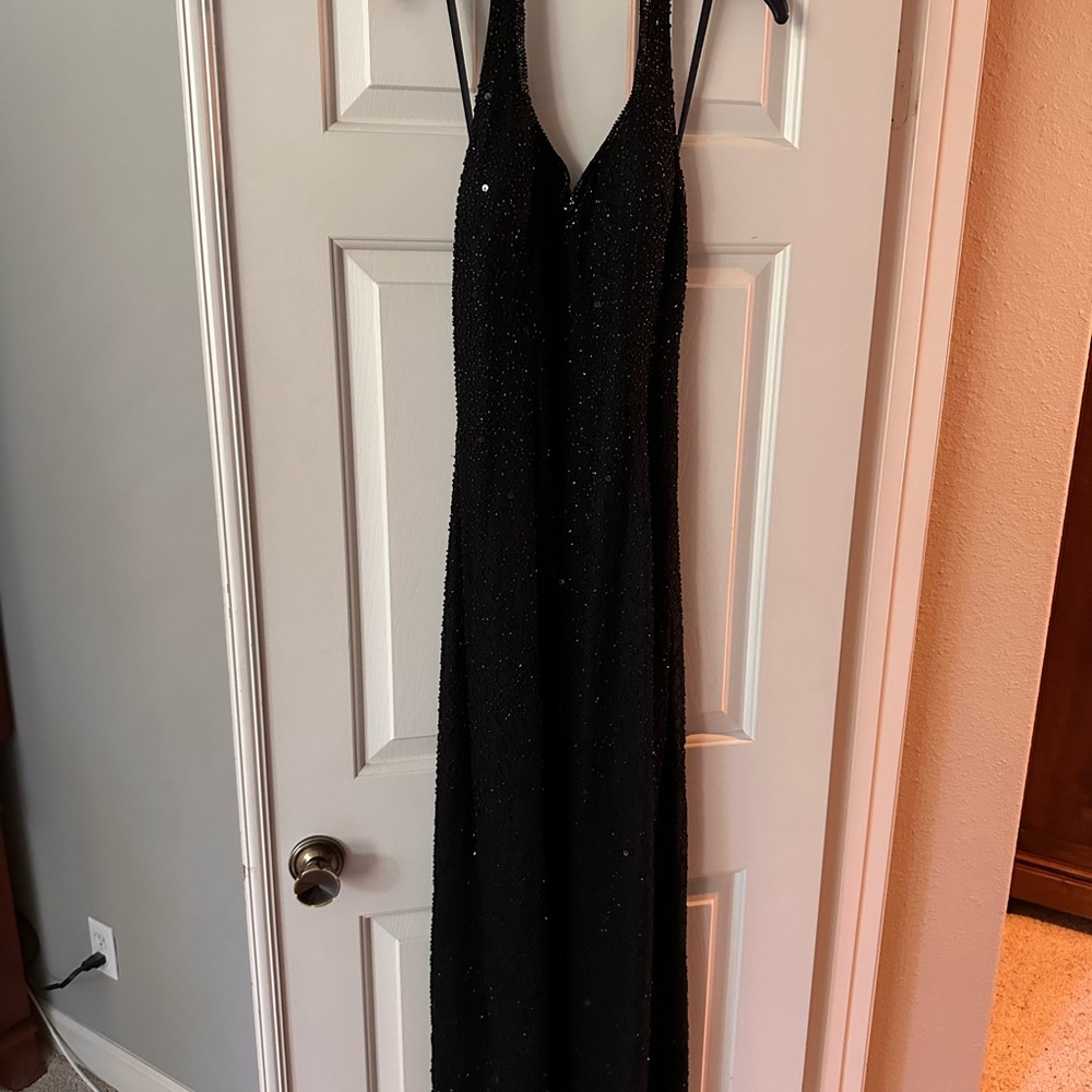 Adrianna Papell Black Halter Maxi beaded Gown